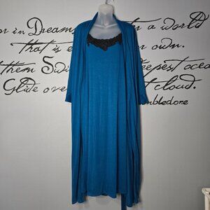 Natori Slinky Long Nightgown With Lace and Robe Set, Peignoir Set, Deep Teal M/L